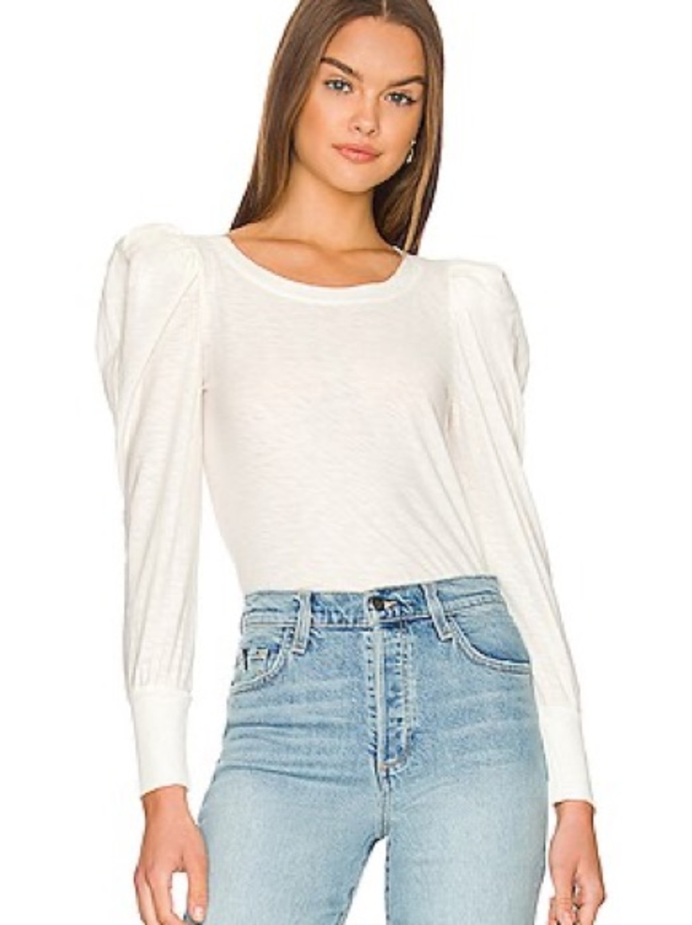 Nation LTD Romy Modest Top Off White Puff Sleeve Pima Cotton Long Sleeve Tee M
